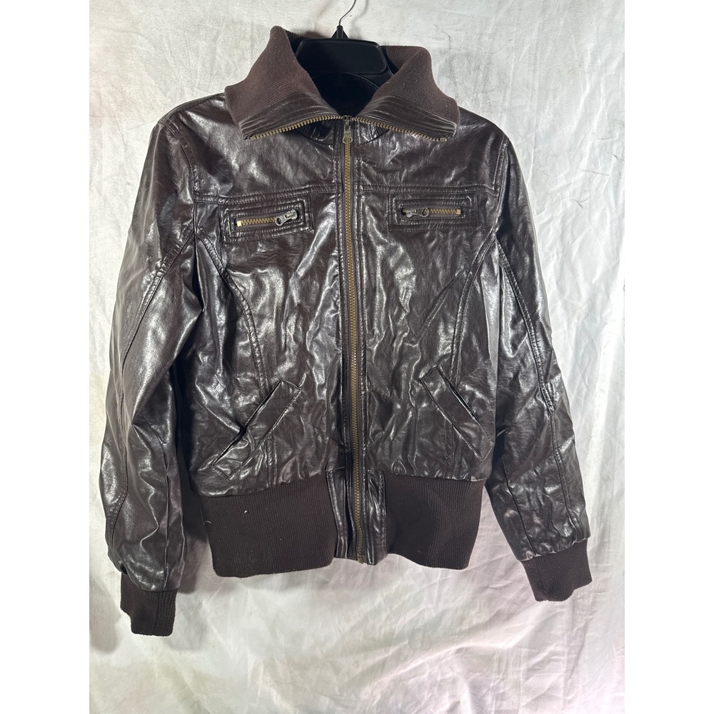 Lipstick Womens Brown Faux Leather Bomber Jacket Moto Ribbed Trim Size L UP1114